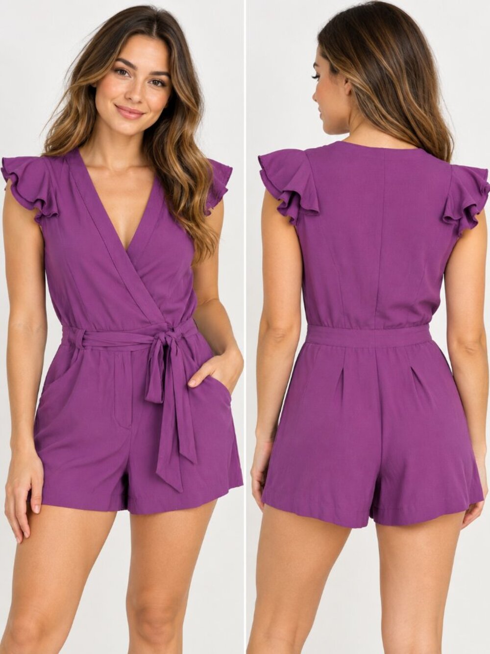 Bebe Purple Plum Passion Wrap Romper Flutter Sleeve XS